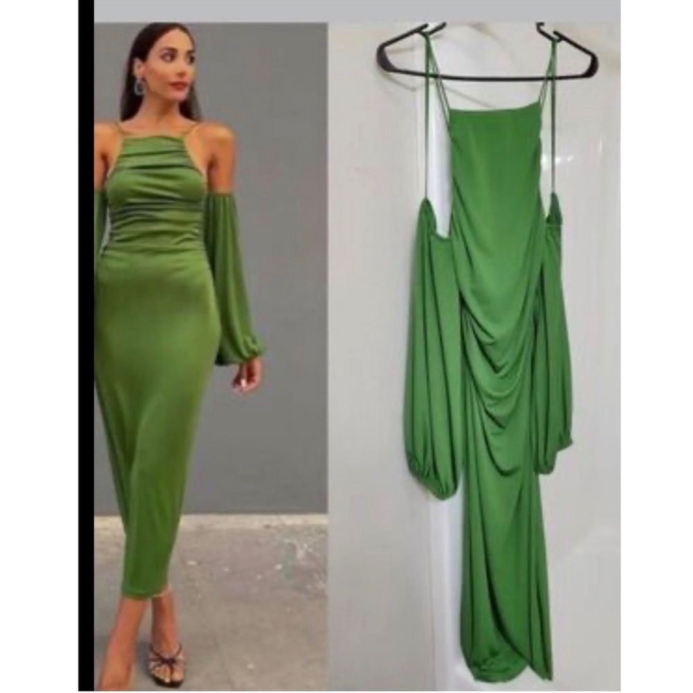 Zara Cold Shoulder Ruched Midi Dress Small green new Balloon Sleeve Bodycon